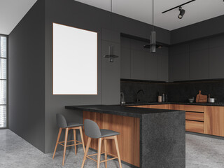 Gray and wooden kitchen corner with island and poster