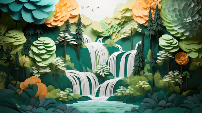 Peaceful waterfall cascading waters lush greenery made in paper cut craft,  Layered paper,  Paper craft
