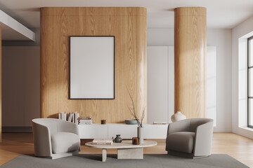 Wooden home living room interior with chill place and decoration, mockup frame