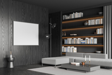 Grey relax interior with couch and shelf with decoration. Mockup frame