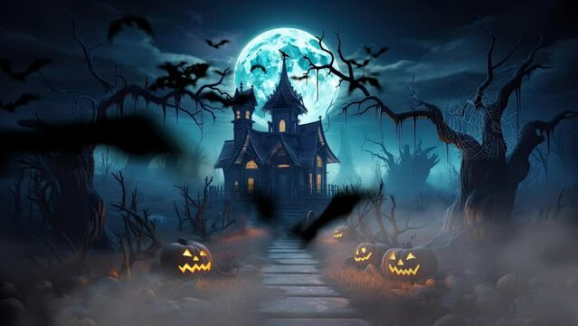halloween night decorative with castle, bat and moon background. seamless looping time-lapse virtual video animation background.	