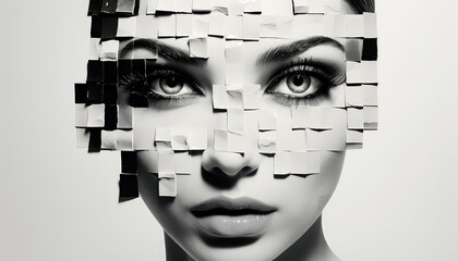 a creative image of a woman with her face full of squares, in the style of collage elements.