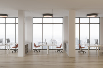 Fototapeta na wymiar White open space office interior with columns