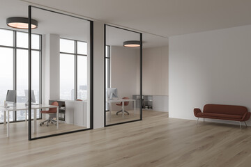 White office interior with workspace and chill zone, glass partition and window