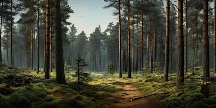 AI Generated. AI Generative. Pine forest outdoor nature landscape background. Forest adventures wild bushcraft inspiration
