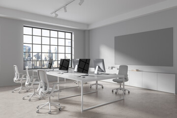 Naklejka na ściany i meble Modern office room interior with pc monitors on desk, window. Mock up whiteboard