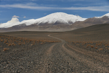 Wüstenlandschaft in Argentinien mit einer einsamen Schotterpiste im Vordergrund – Overlanding...