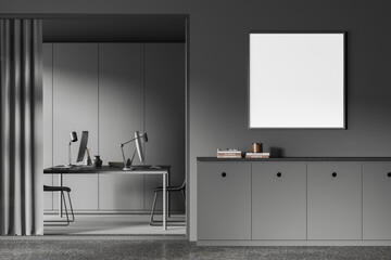 Grey business interior with pc computers and sideboard. Mockup frame