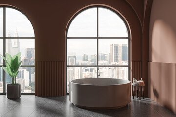 Brown home bathroom interior with tub, accessories and panoramic window