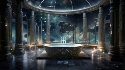 A celestial bathroom with walls that change color to mimic the phases of the moon, a lunar-shaped bathtub, and starry ceiling