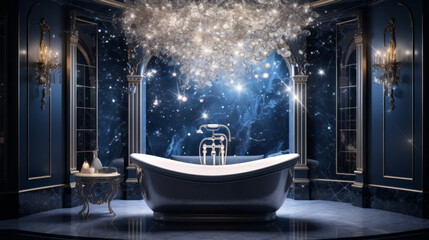 A celestial bathroom with walls that change color to mimic the phases of the moon, a lunar-shaped bathtub, and starry ceiling - obrazy, fototapety, plakaty