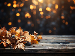 Naklejka na ściany i meble Autumn leaves on enemy fall, empty grunge wooden board and sunlight. Against the backdrop of the autumn mood bokeh