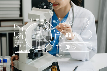 DNA molecule testing concepts. The doctor in a mask examines DNA molecules on the chemical...