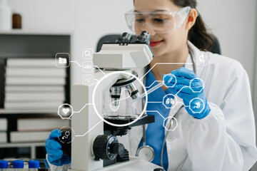 DNA molecule testing concepts. The doctor in a mask examines DNA molecules on the chemical...
