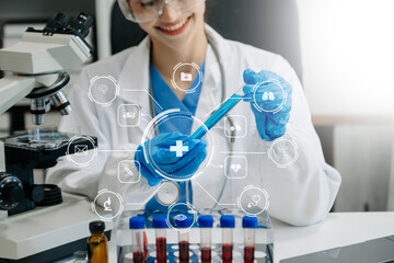 DNA molecule testing concepts. The doctor in a mask examines DNA molecules on the chemical...