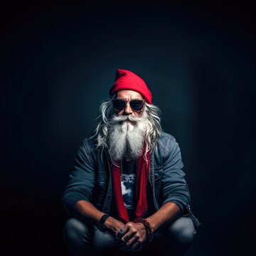 A Modern Alternative Santa That Has A Hipster Style As If He Were A Music Festival Santa. Modern Look, Casual With Sunglasses. Winter Portrait.