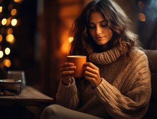 Profile of young beautiful woman warmed in wool sweater, cozy clothes during cold winter snowy day. A hot drink coffee or tea that warms us during the holidays.