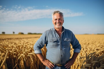 Naklejka na ściany i meble Smiling mature male farmer standing in front of blurred cornfield