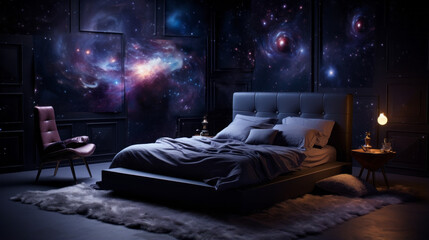 A celestial bedroom with a bed that gently rocks like a cradle and walls adorned with nebulae - obrazy, fototapety, plakaty