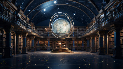 A celestial library with a planetarium-style ceiling, shelves of ancient scrolls, and a mystical atmosphere