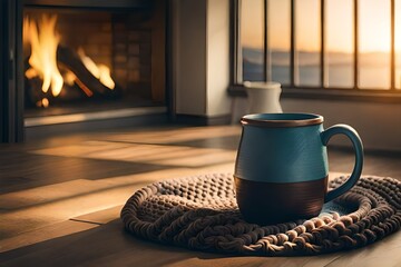 fireplace in the room, miorning  ,coffee mug 
