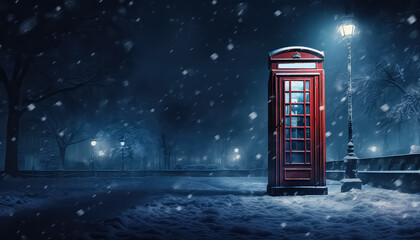 red phone booth on a snowy street,