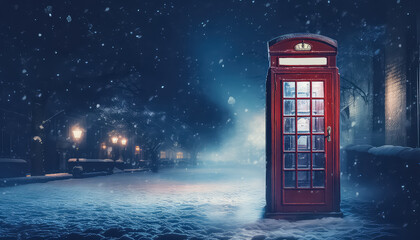 red phone booth on a snowy street, - obrazy, fototapety, plakaty