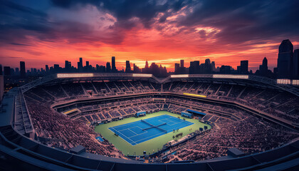 stadium full of fans at sunset at a tennis match - obrazy, fototapety, plakaty
