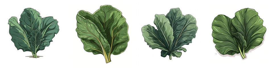Set of cartoon collard green vegetable illustration, isolated on white background