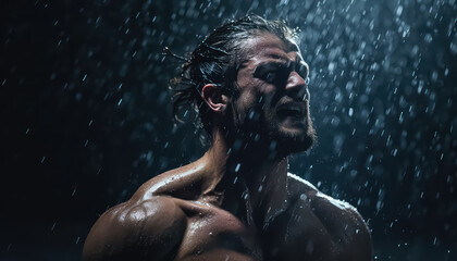 muscular man with water splashing against his face in the dark - obrazy, fototapety, plakaty