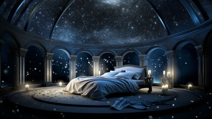 A celestial bedroom with a bed that gently rocks like a cradle and walls adorned with nebulae - obrazy, fototapety, plakaty