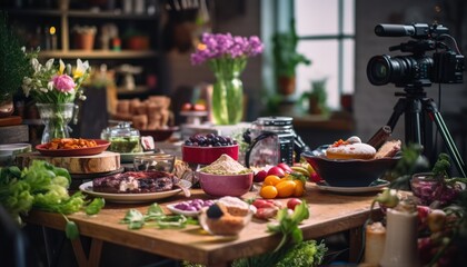 Fototapeta premium Photo of a delicious spread of food displayed on a rustic wooden table