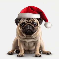 pug with a santa hat white background realistic 8k UHD, generative ai
