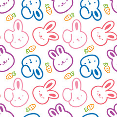 Seamless Pattern of Cartoon Rabbit Face and Carrot Design on White Background