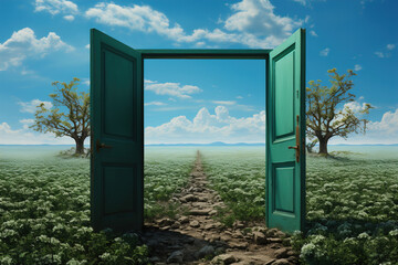 Photo of an open door leading to a beautiful green field