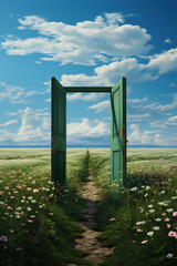 Photo of an open door leading to a beautiful green field
