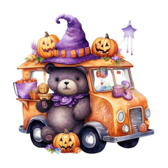 Fototapeta premium Halloween cute truck witch bear clipart