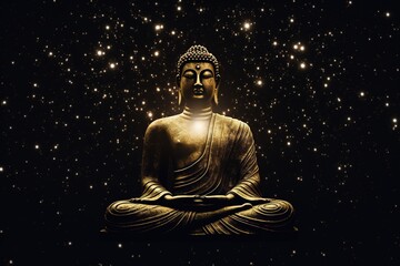 Golden Buddha statue on dark background with stars and space for text.