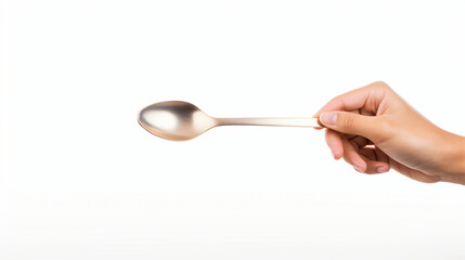 Hand is holding a spoon isolated on white background - obrazy, fototapety, plakaty