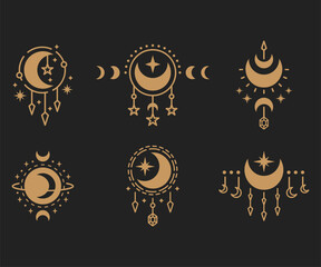 set of golden moon star mystic celestial lineart design templates icon vector emblem 
