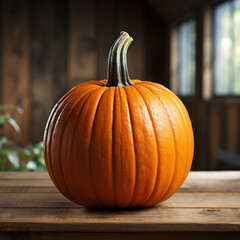Photo of a vibrant orange pumpkin displayed on a rustic wooden table
