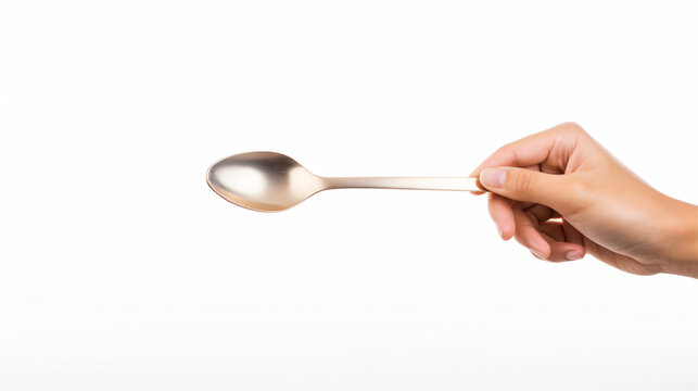 Hand is holding a spoon isolated on white background