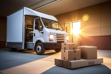 Photo of a delivery truck with boxes in front of it