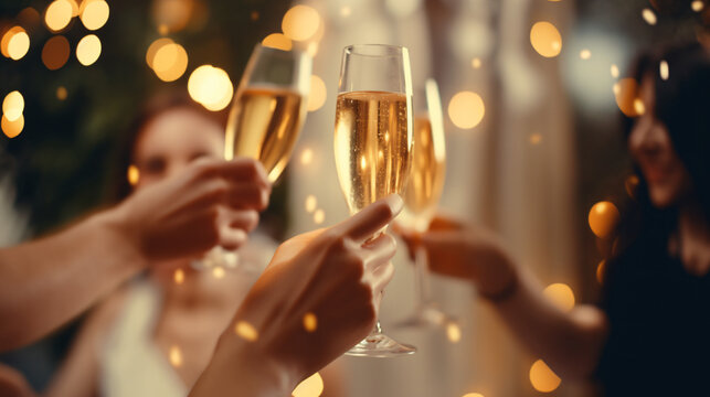 Celebration. Beautiful stylish women holding glasses of champagne making a toast. champagne with blurred bokeh background