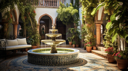 Fototapeta na wymiar A charming and eclectic outdoor courtyard with mosaic tiles, wrought iron furniture, and a bubbling fountain