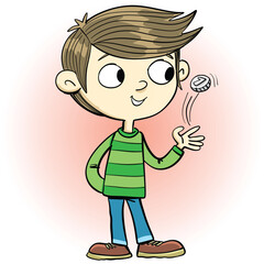 boy throws a small silver coin in the air for a decision