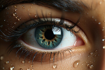 Photo of a close-up of an eye with glistening water droplets - obrazy, fototapety, plakaty