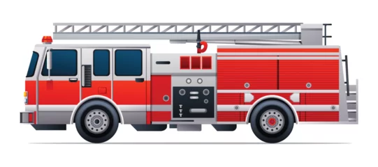 Gordijnen Red fire truck vector illustration. Emergency rescue truck side view isolated on white background © YG Studio
