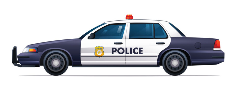 Police car side view vector illustration. City patrol official vehicle isolated on white background