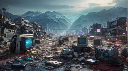 Futuristic pollution concept. E-Waste and Electronic Pollution. - obrazy, fototapety, plakaty